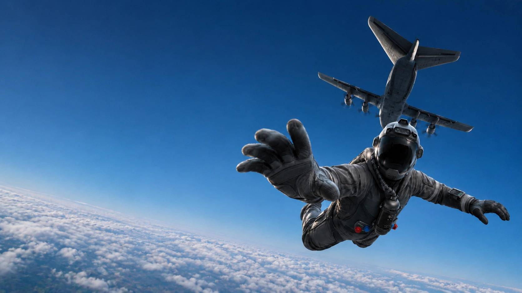 HAHO operator descending under canopy at high altitude in full pressure kit and oxygen system