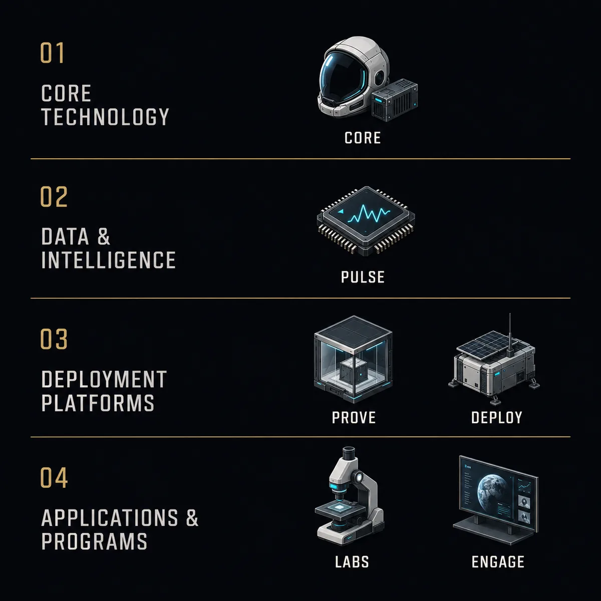 Metakosmos Core Platform Ecosystem — CORE, PULSE, PROVE, DEPLOYMENT, LABS and ENGAGE across Land, Sea, Air and Space domains