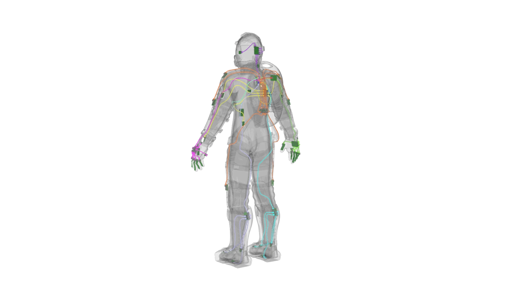 Rear view of SYNSUIT avionics simulation model showing thermal and mechanical layer overlays
